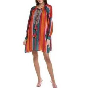 Anna Kay Multicolor Stripe Beaded Tassel Boho Hippie Indie Festival Mini Dress